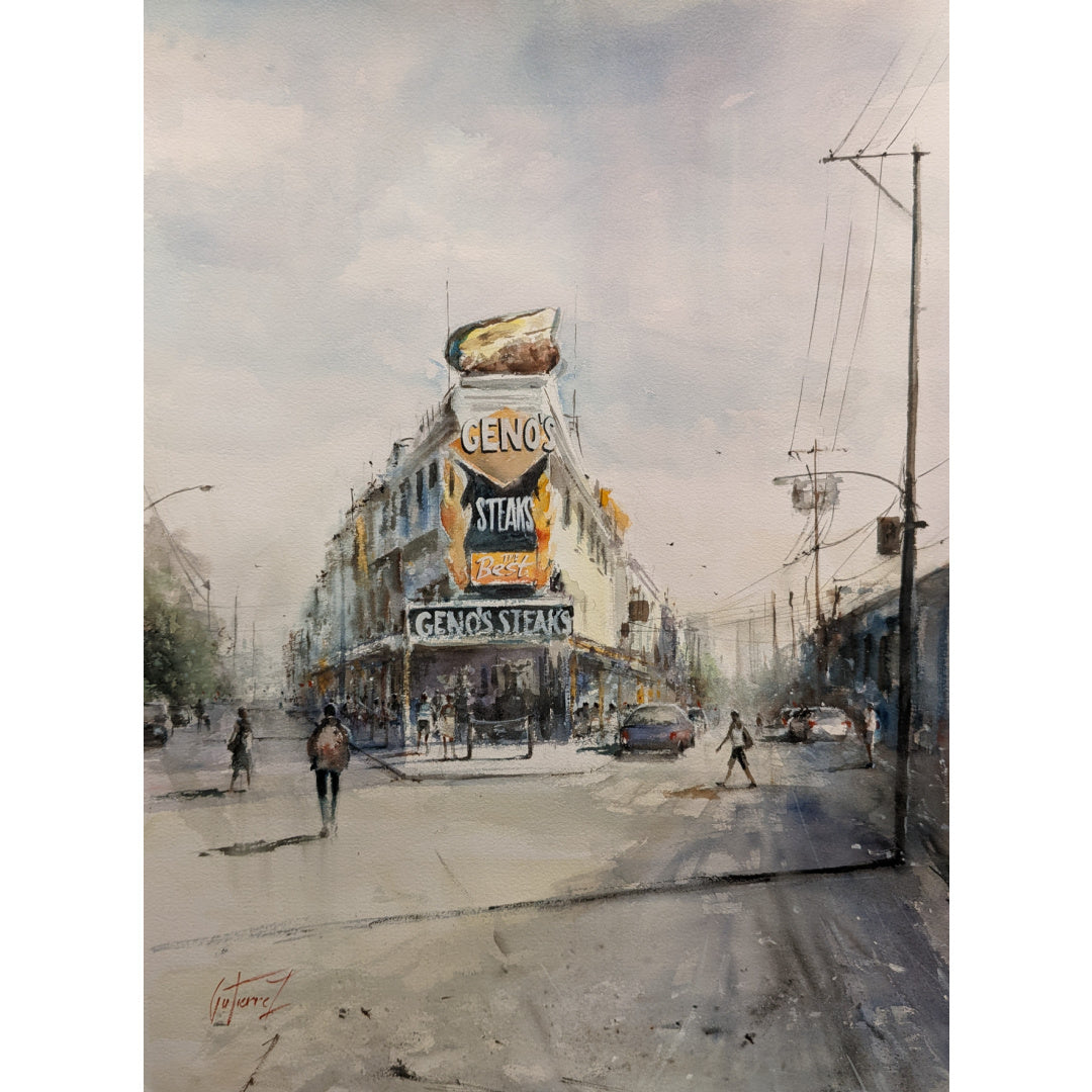 Geno's Steaks, artwork by Pierre Gutierrez. Watercolor on paper. 24 by 18 inches.
