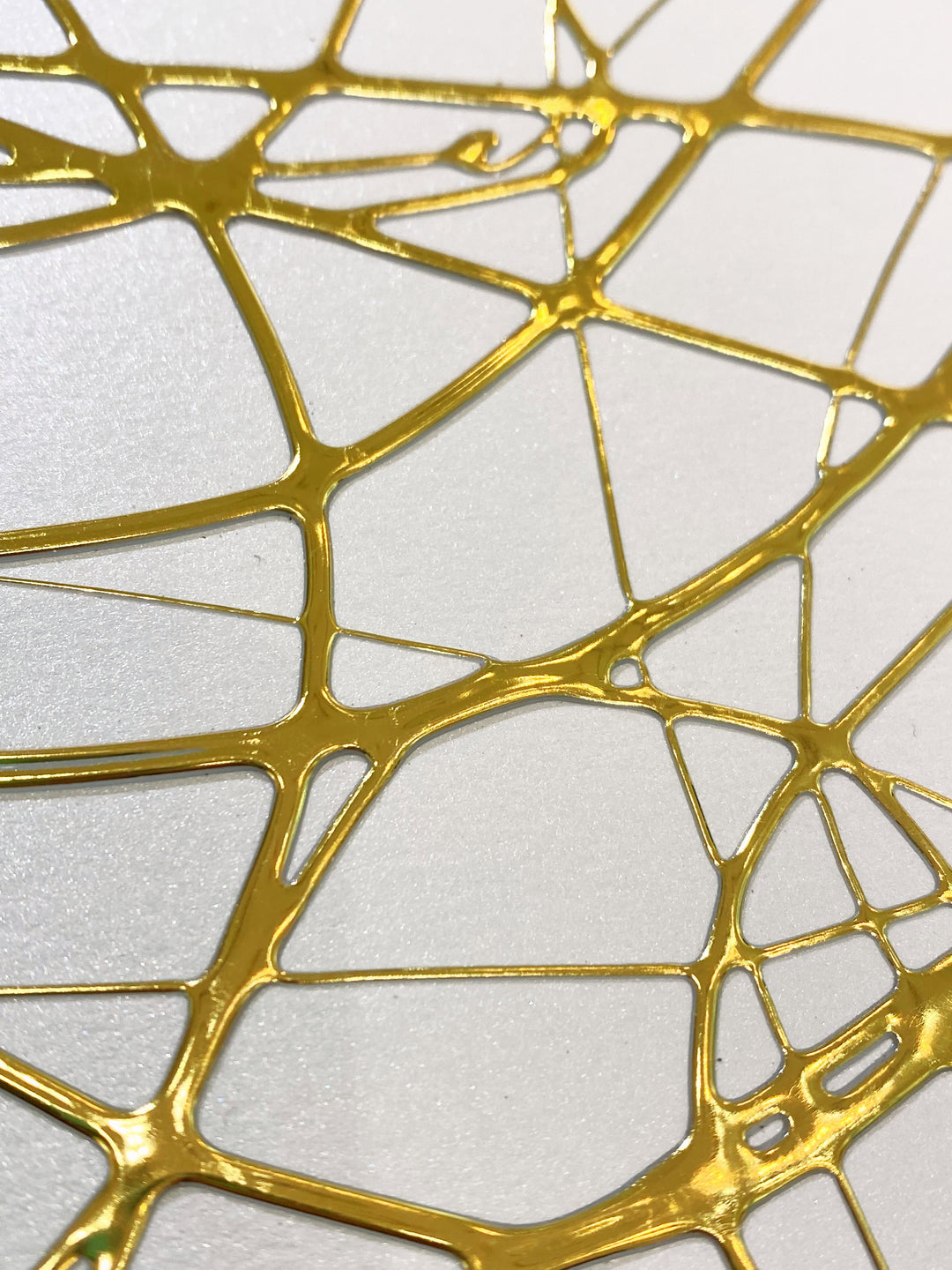 Detail of M. Clark "Golden Texture No. 345". Gold foil on illustration board mounted to 10.5"x8"x0.5" sintra panel. Abstract gold and white textural painting.