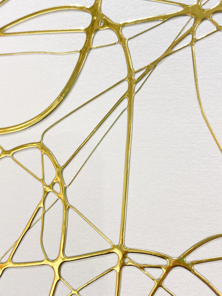 Detail of M. Clark "Golden Texture No. 345". Gold foil on illustration board mounted to 10.5"x8"x0.5" sintra panel. Abstract gold and white textural painting.