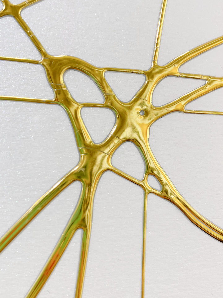 Detail of M. Clark "Golden Texture No. 345". Gold foil on illustration board mounted to 10.5"x8"x0.5" sintra panel. Abstract gold and white textural painting.