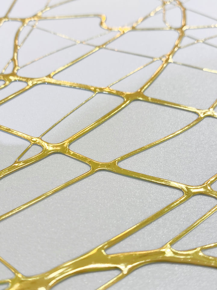 Detail of M. Clark "Golden Texture No. 345". Gold foil on illustration board mounted to 10.5"x8"x0.5" sintra panel. Abstract gold and white textural painting.