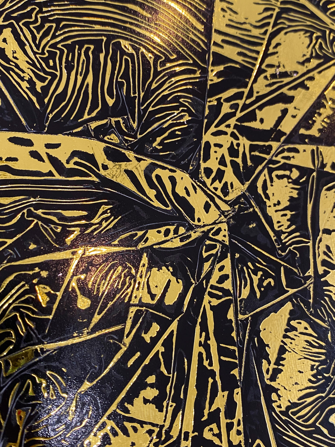 Detail of M. Clark "Golden Texture No. 355". Gold foil on illustration board mounted to 10.5"x8"x0.5" sintra panel. Abstract gold and black textural painting.