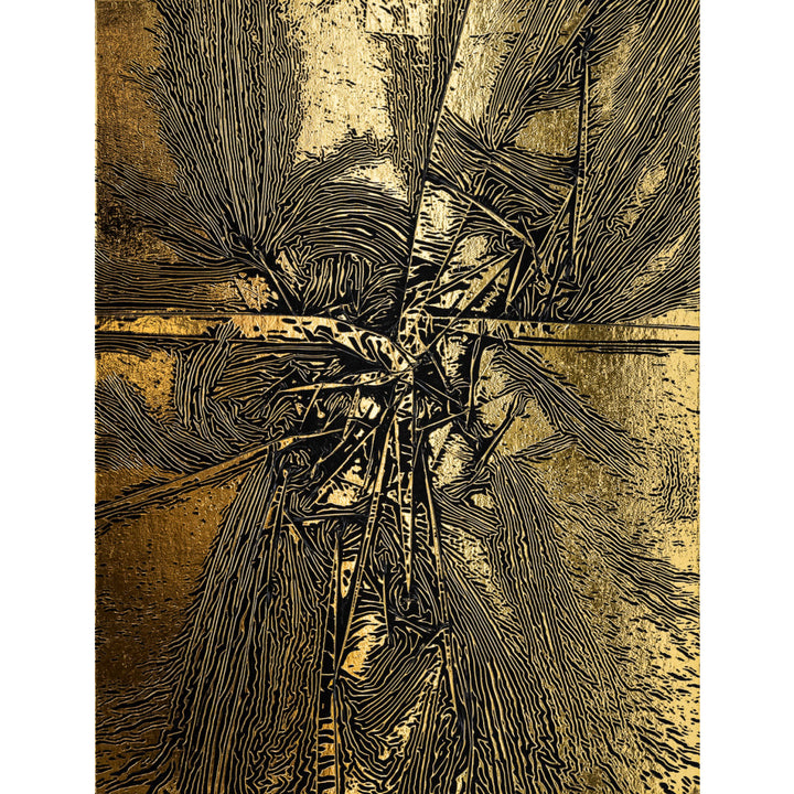M. Clark "Golden Texture No. 355". Gold foil on illustration board mounted to 10.5"x8"x0.5" sintra panel. Abstract gold and black textural painting.