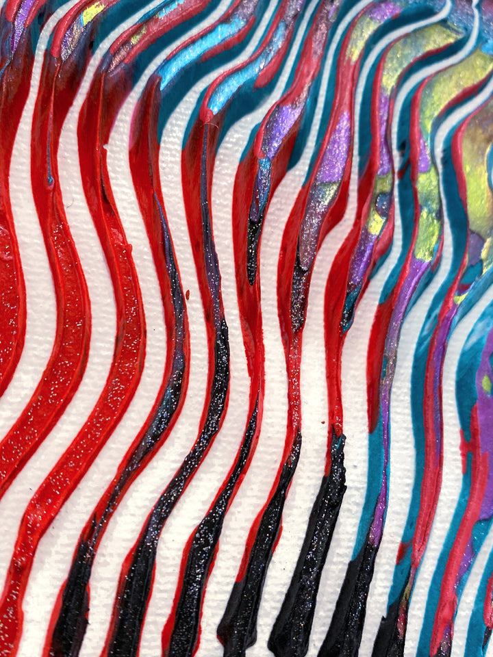 Detail of Virginie Schroeder "The Most Iconic, David Bowie", 10" x 10" white and multicolor abstract portrait painting. Acrylic and oil on canvas.