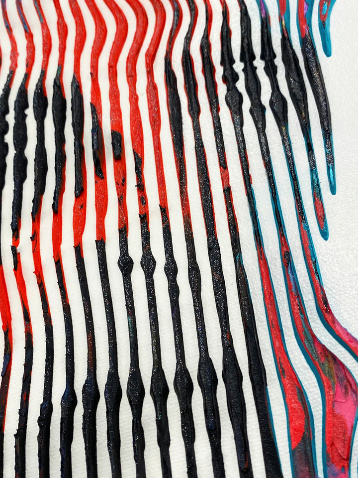 Detail of Virginie Schroeder "The Most Iconic, David Bowie", 10" x 10" white and multicolor abstract portrait painting. Acrylic and oil on canvas.