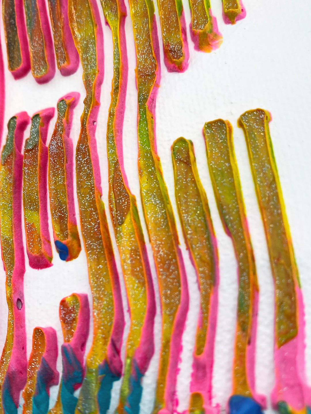 Detail of Virginie Schroeder "Love Philadelphia", 10" x 10" white and multicolor abstract painting. Acrylic and oil on canvas.