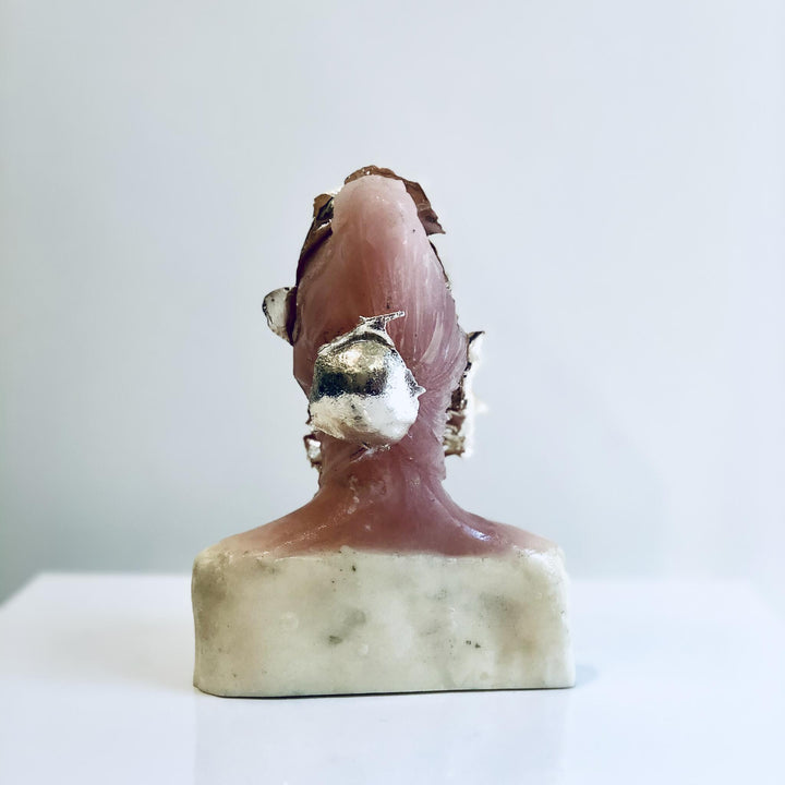 Girl With Mask, sculpture by Michal Cimala. Polyester resin and galvanized silver with polyurethane. 4.75 by 3.25 by 2.5 inches.