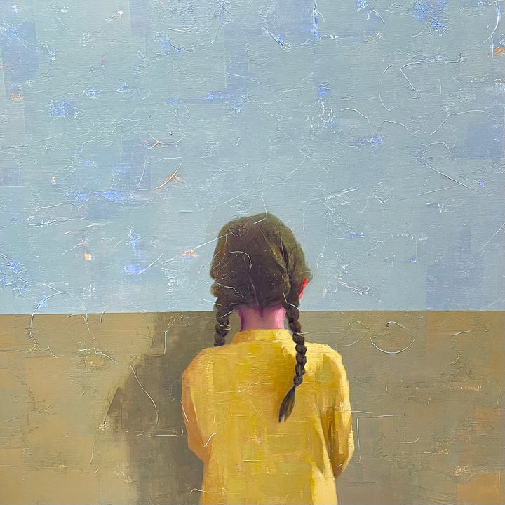 Behind the Wall, 40 x 40" oil and acrylic painting by Tomasa Martin on linen. Painting of a girl with braids facing away from the viewer, looking over a wall.