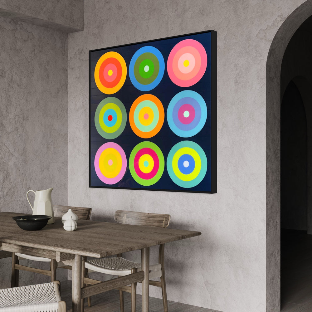 Obsessive Tendencies on Blue, artwork by Stephanie Henderson, displayed in a home. Acrylic and resin on wood panel. 48 by 48 inches.