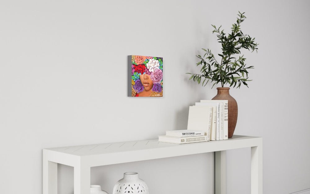 In Full Bloom III, artwork by Sally K., displayed in a home. Acrylic paint on canvas. 12 by 12 inches.
