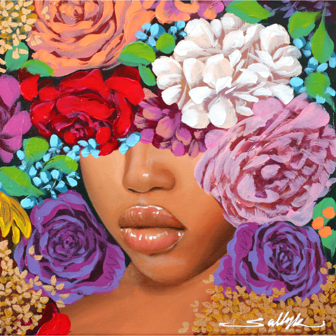 In Full Bloom III, artwork by Sally K. Acrylic paint on canvas. 12 by 12 inches.