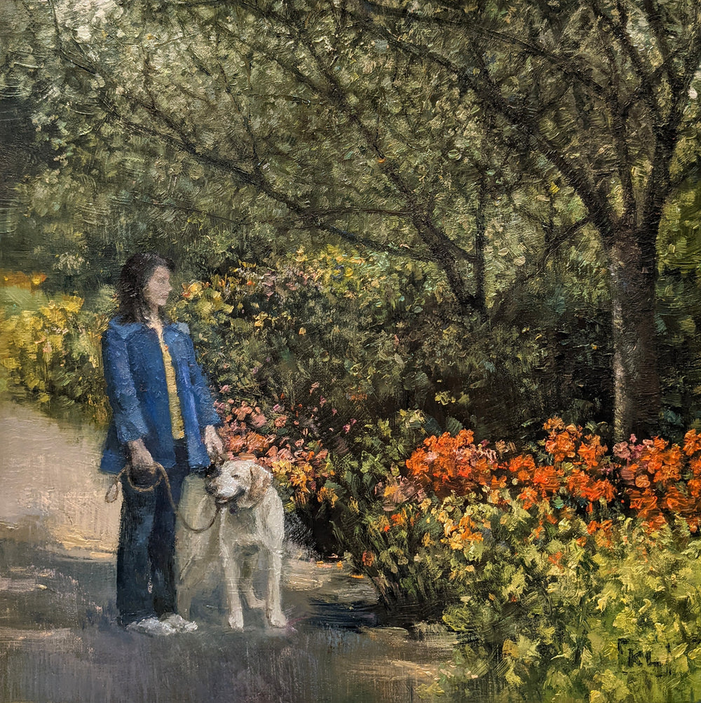 In The Garden, artwork by Katie Lokotska. Oil on canvas. 14 by 14 inches.