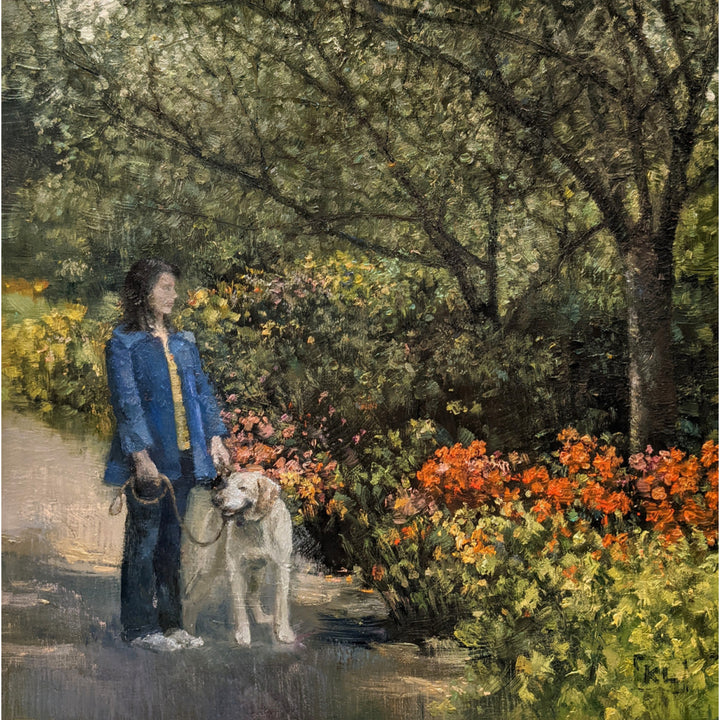 In The Garden, artwork by Katie Lokotska. Oil on canvas. 14 by 14 inches.