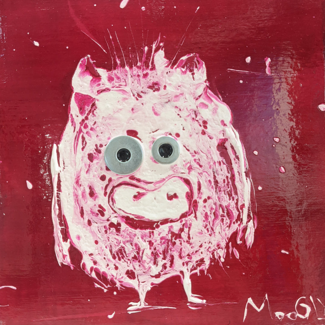 Irritated, artwork by Moogly. Acrylic and collage on cardboard. 10 by 10 inches.