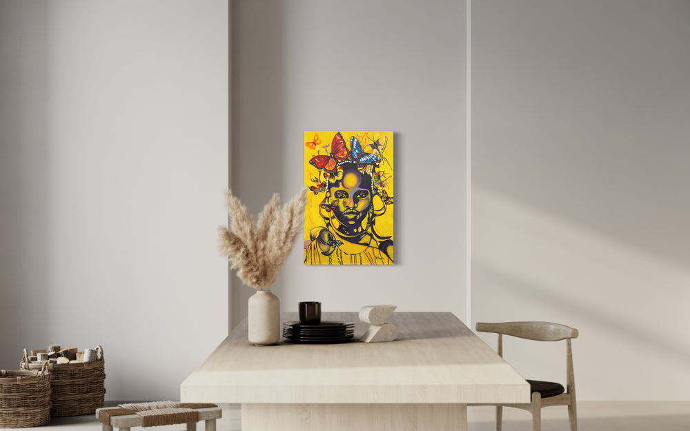 Lady Africa, artwork by Suave Gonzalez, displayed in a home. Acrylic on canvas. 36 by 24 inches.