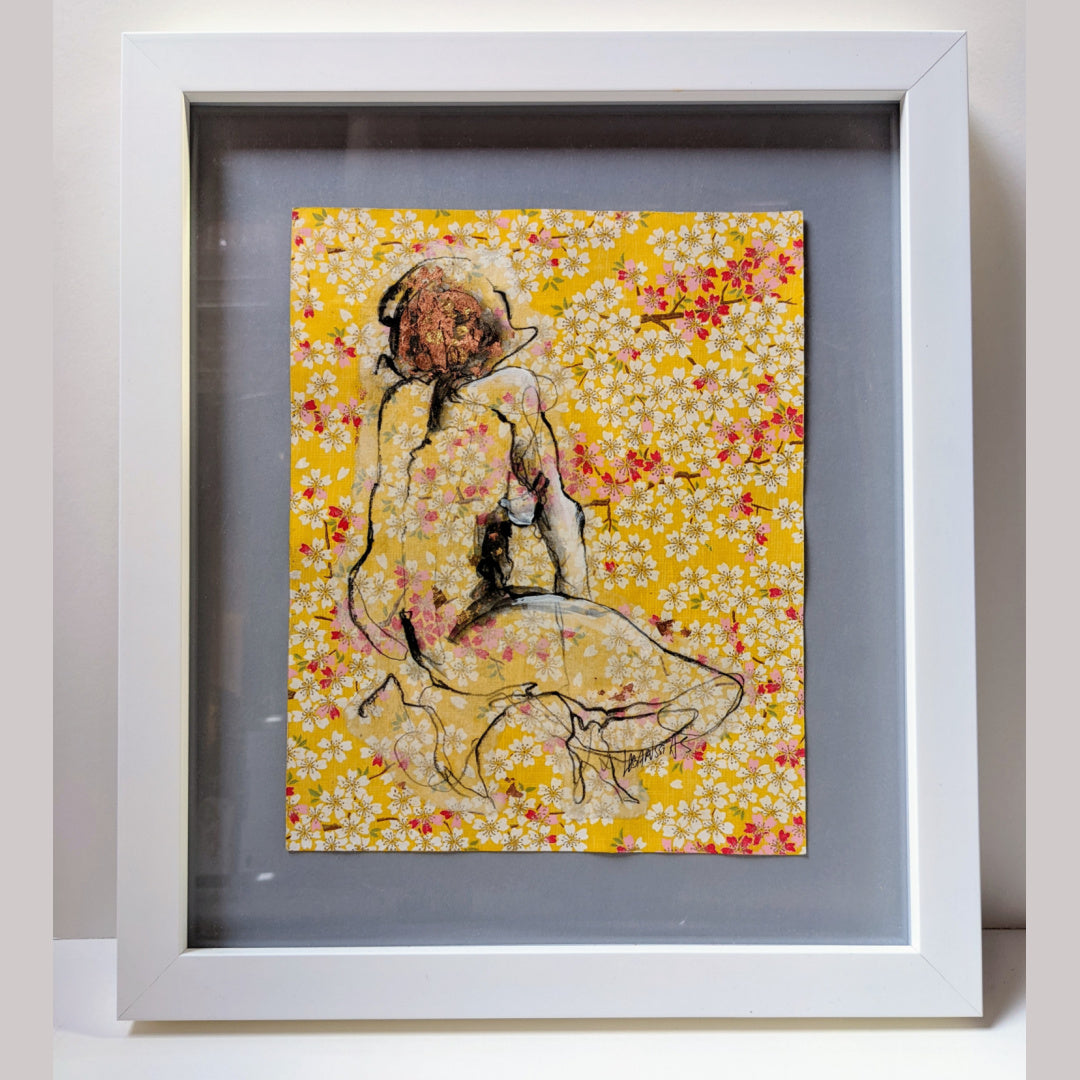 La Vie En Fleurs III, artwork by Corinne Labarussias. Charcoal, watercolor, & gold leaf on Japanese paper. 17.5 by 15.25 inches.