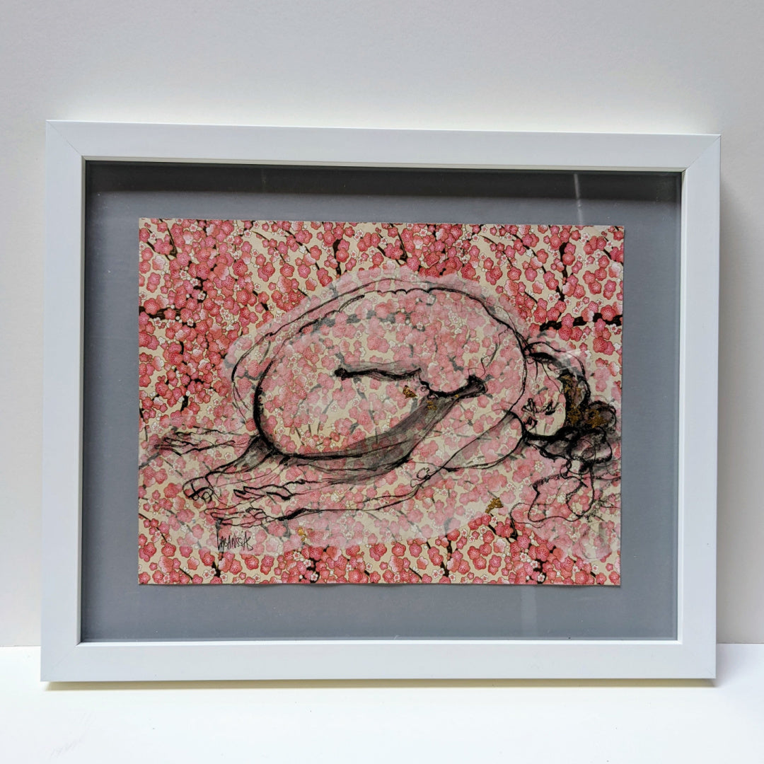 La Vie En Fleurs VIII, artwork by Corinne Labarussias. Charcoal, watercolor, &amp; gold leaf on Japanese paper. 17.5 by 21.5 inches.