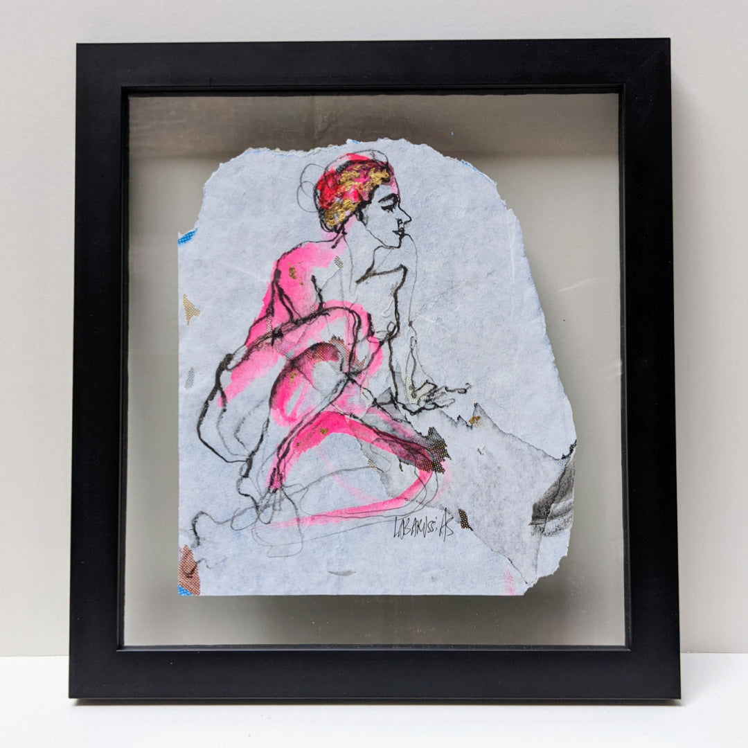 La Vie En Rose, artwork by Corinne Labarussias. Charcoal, watercolor, & gold leaf on recycled paper. 17 by 15.75 inches.