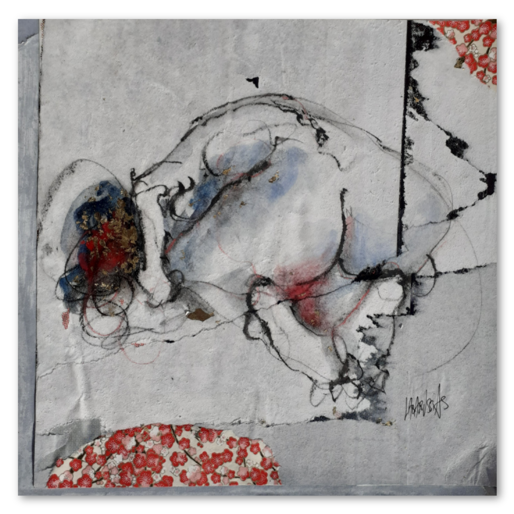 La Vie En Fleurs XXXIV, artwork by Corinne Labarussias. Charcoal, pigments, & gold leaf on Japanese and advertising paper. 14 by 14 inches.