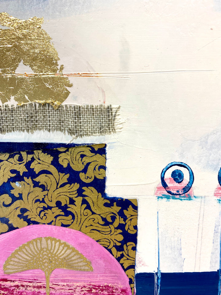 Detail of Lau Blou 10" x 10" La chambre de la princesse white and blue abstract painting
