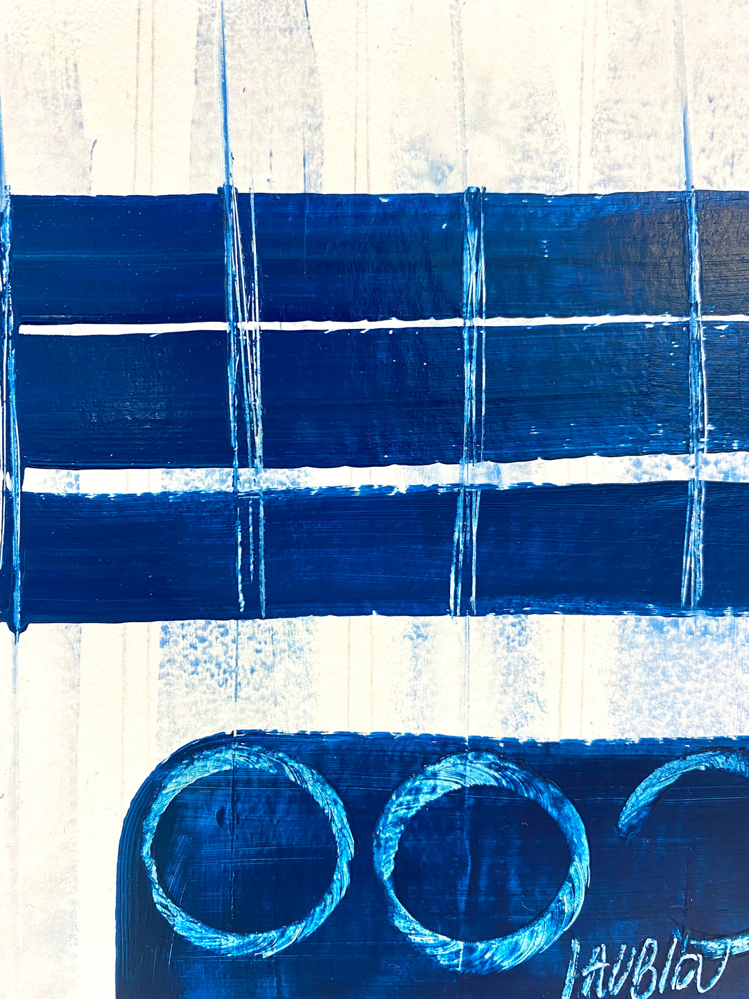 Detail of Lau Blou 10" x 10" La chambre de la princesse white and blue abstract painting