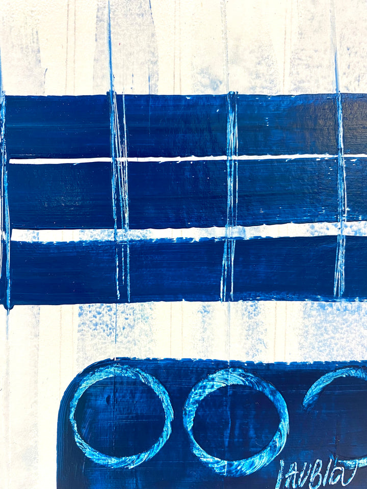 Detail of Lau Blou 10" x 10" La chambre de la princesse white and blue abstract painting