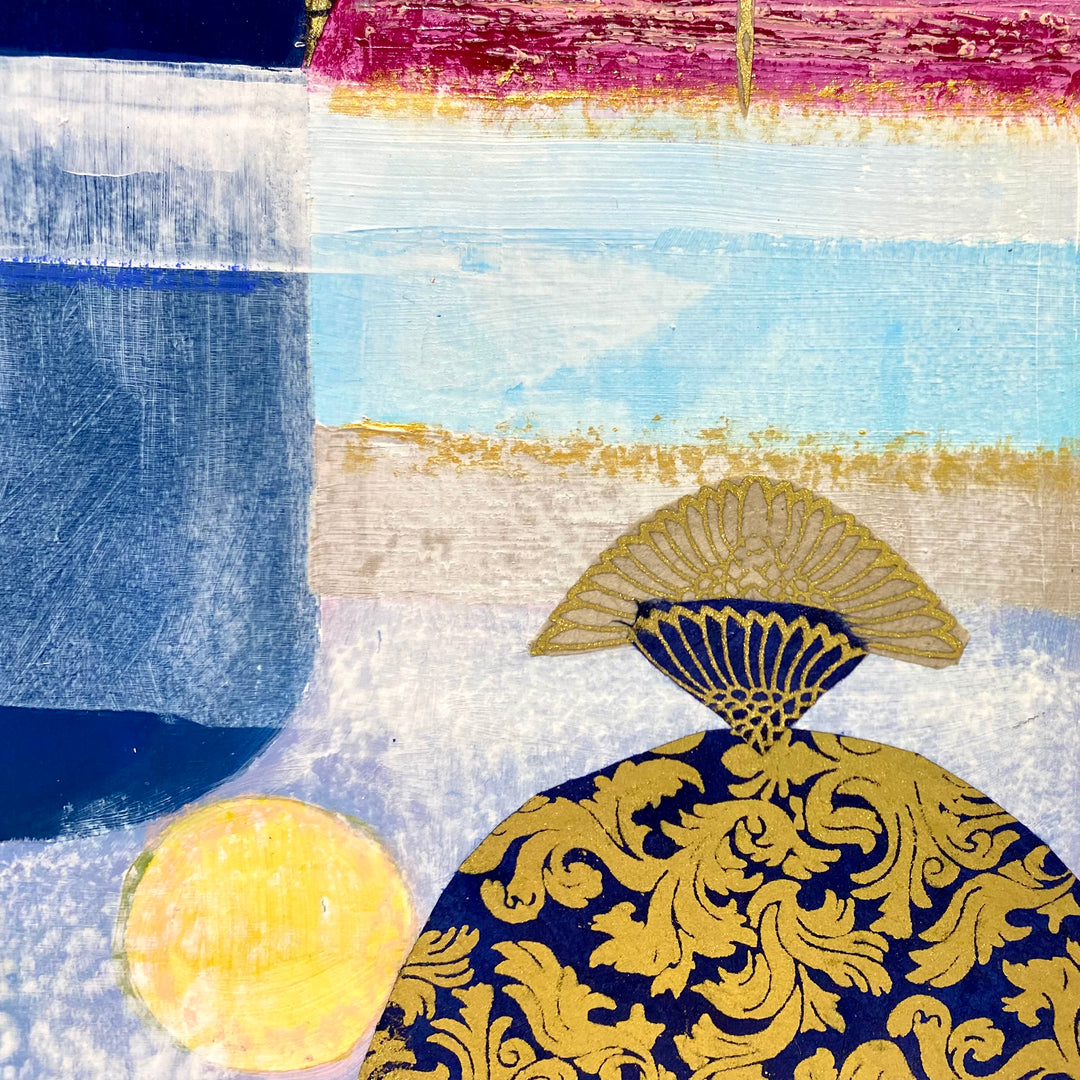Detail of Lau Blou 10" x 10" La chambre de la princesse white and blue abstract painting