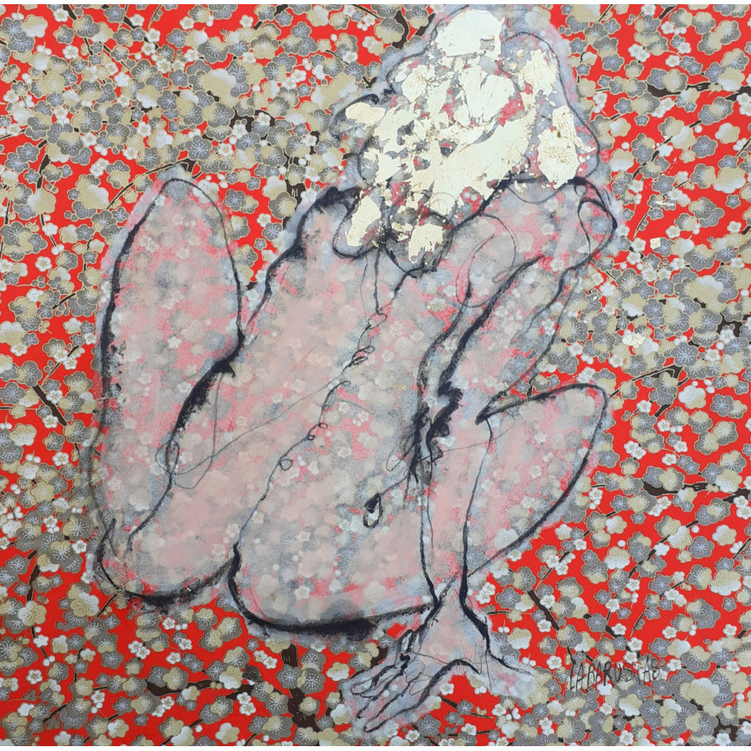 Corinne Labarussias "La vie en fleurs 52". Charcoal, pigments & gold leaf on 14x14" Japanese paper. Portrait of nude female with flowers and red background.