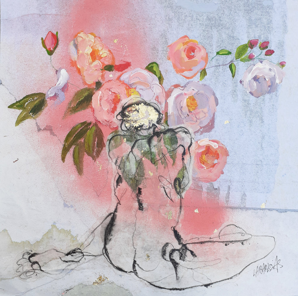 Corinne Labarussias "La vie en rose 55". Charcoal, pigments, spray paint & gold leaf on 14x14" advertising paper. Portrait of nude female with flowers and blue background.