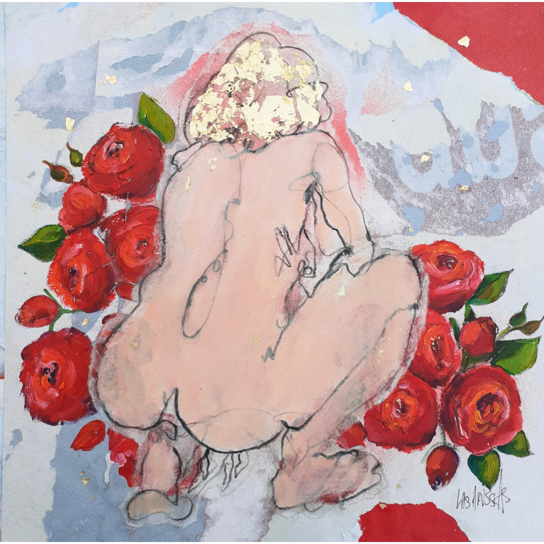 Corinne Labarussias "La vie en rose 60". Charcoal, pigments, paint & gold leaf on 14x14" advertising paper. Portrait of nude female with flowers and blue background.
