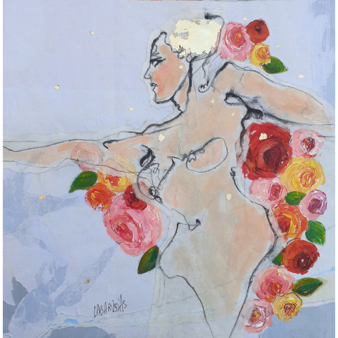 Corinne Labarussias "La vie en rose 63". Charcoal, pigments, paint & gold leaf on 14x14" advertising paper. Portrait of nude female with flowers and blue background.