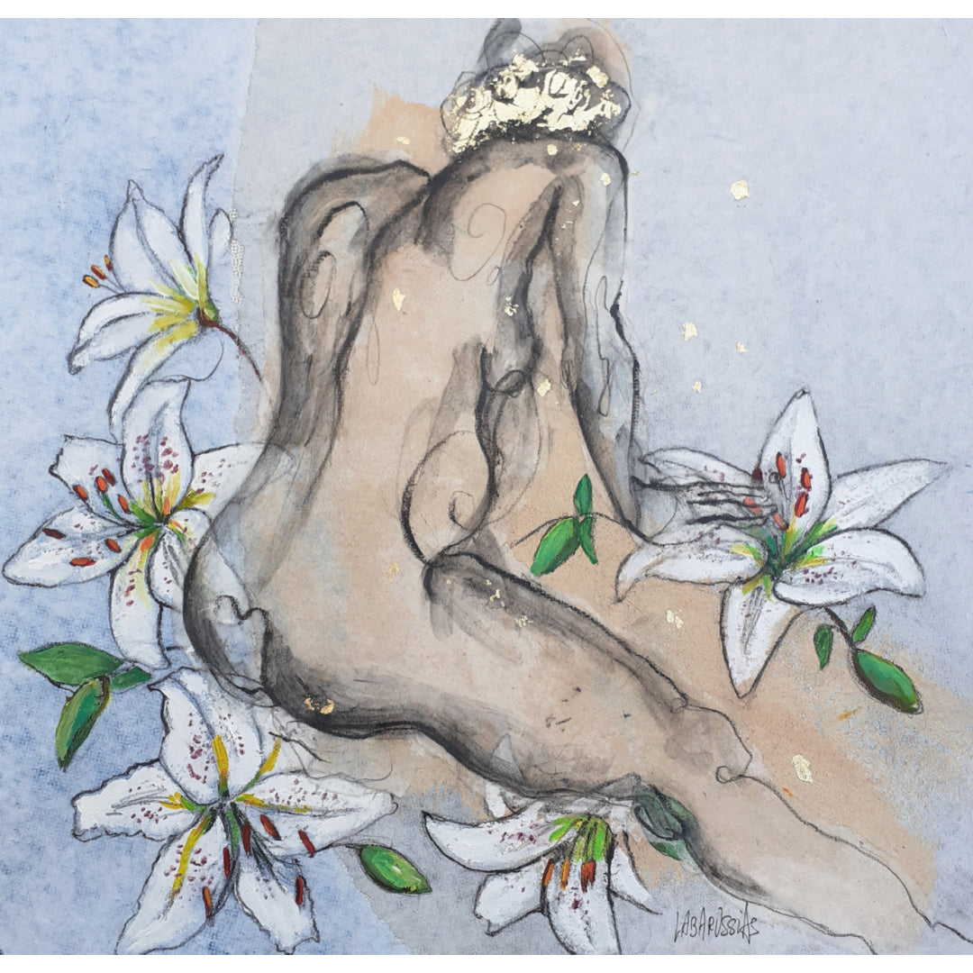 Corinne Labarussias "Lys 56". Charcoal, pigments, paint & gold leaf on 14x14" advertising paper. Portrait of nude female with flowers and blue background.