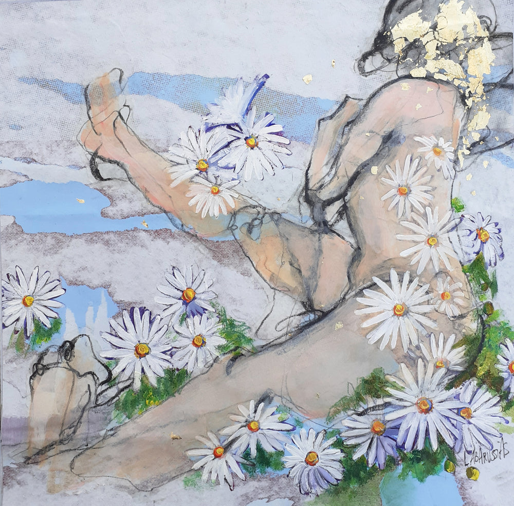 Corinne Labarussias "Marguerite 57". Charcoal, pigments, paint & gold leaf on 14x14" advertising paper. Portrait of nude female with flowers and blue background.