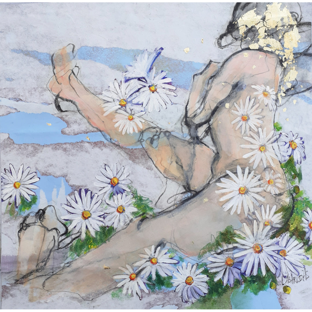 Corinne Labarussias "Marguerite 57". Charcoal, pigments, paint & gold leaf on 14x14" advertising paper. Portrait of nude female with flowers and blue background.