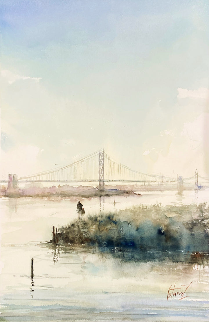 Morning in Philadelphia, artwork by Pierre Gutierrez. Watercolor on paper. 18 by 12 inches.