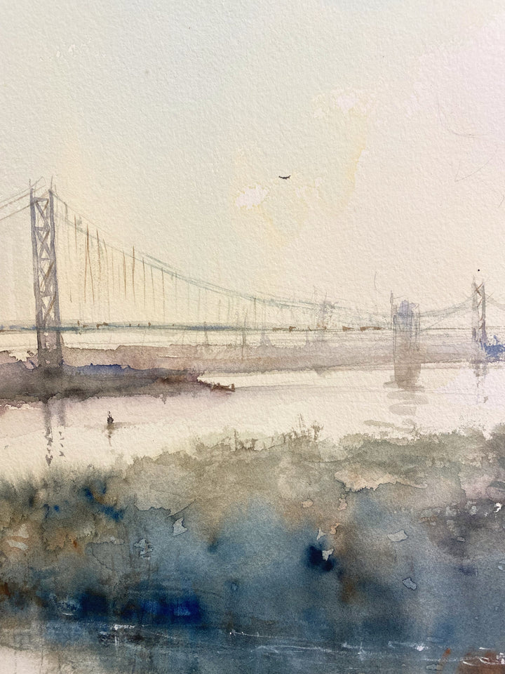 Detail of Morning in Philadelphia, artwork by Pierre Gutierrez. Watercolor on paper. 18 by 12 inches.