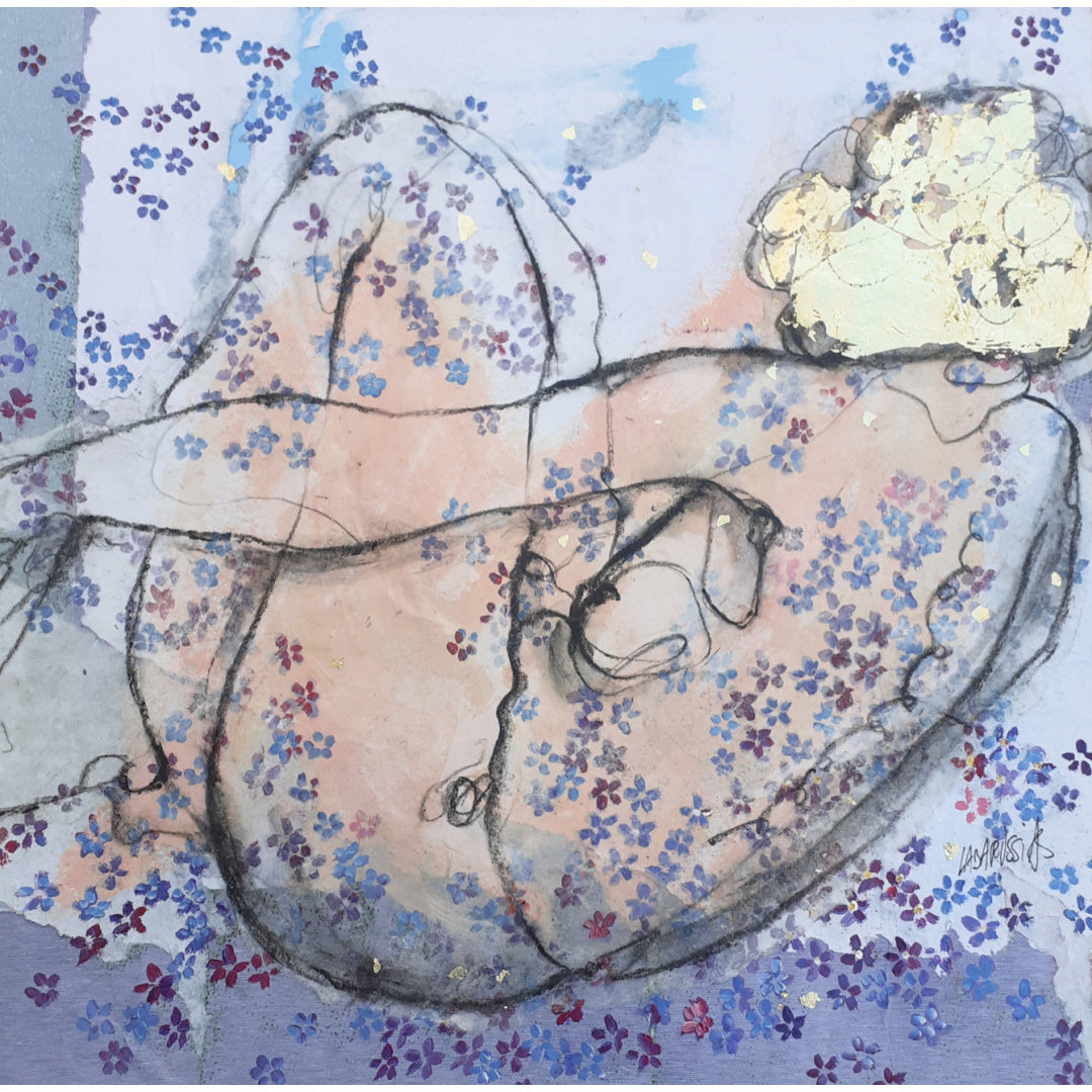 Corinne Labarussias "Myosotis 62". Charcoal, pigments, paint & gold leaf on 14x14" advertising paper. Portrait of nude female with flowers and blue background.