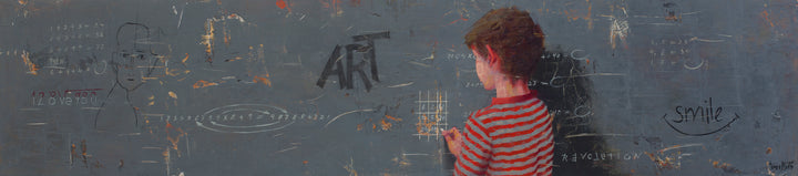 Numbers Game, artwork by Tomasa Martín. Oil and acrylic on wood. 8 by 35.5 by 1 inch.