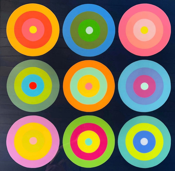 Obsessive Tendencies on Blue, artwork by Stephanie Henderson. Acrylic and resin on wood panel. 48 by 48 inches.