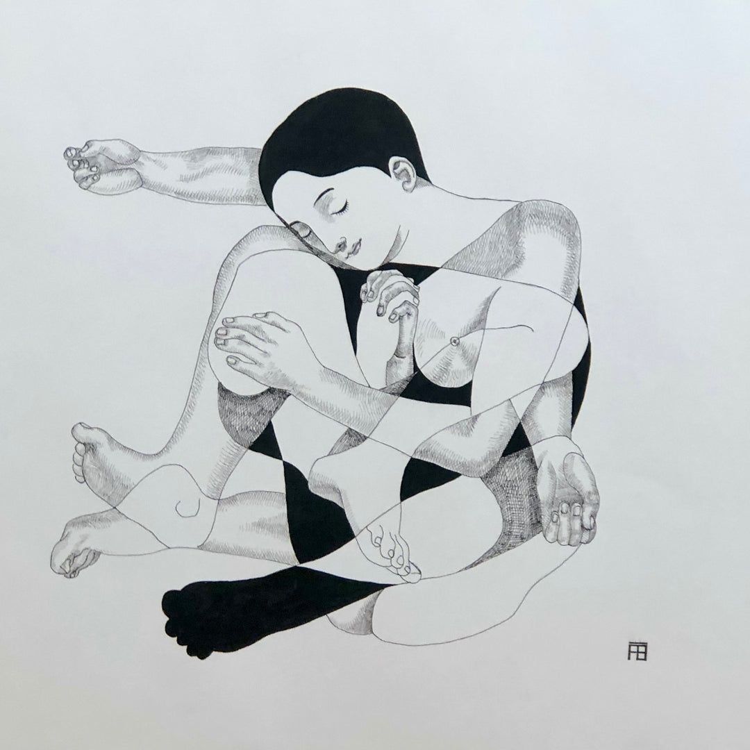 Oeuf, artwork by Florent Blache. Ink and acrylic on paper. 14 by 14 inches.
