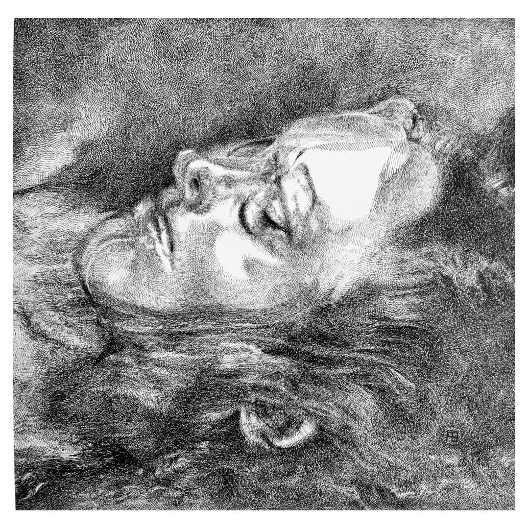 Ophelia, artwork by Florent Blache. Ink on paper. 14 by 14 inches.
