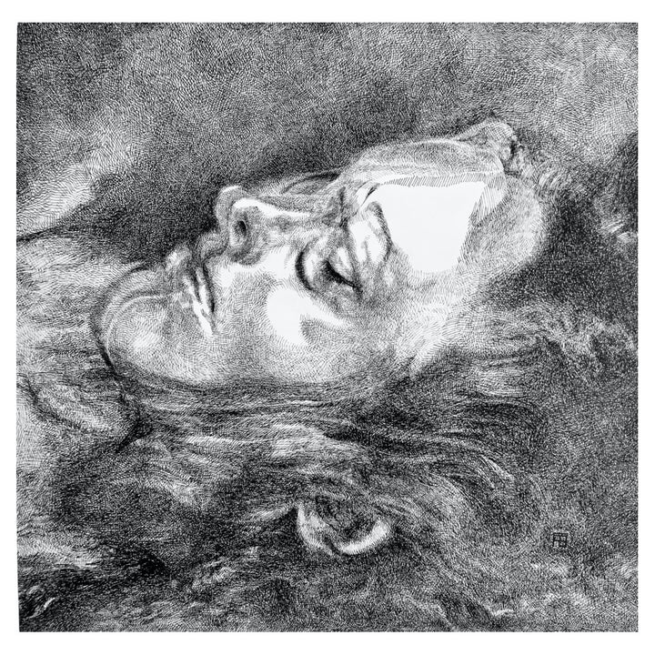Ophelia, artwork by Florent Blache. Ink on paper. 14 by 14 inches.