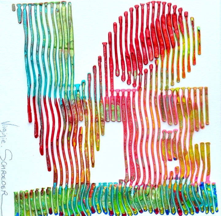Virginie Schroeder "Love Philadelphia", 10" x 10" white and multicolor abstract painting. Acrylic and oil on canvas.