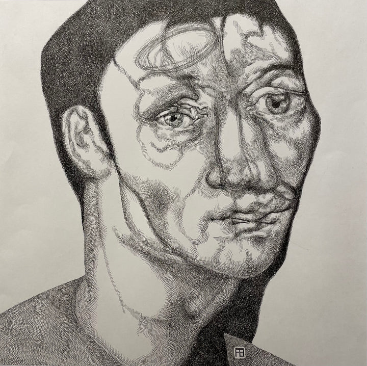 Pensif, artwork by Florent Blache. Ink &amp; acrylic on paper. 14 by 14 inches.