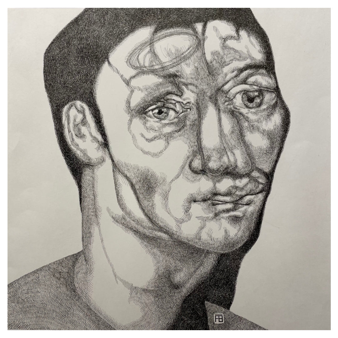 Pensif, artwork by Florent Blache. Ink & acrylic on paper. 14 by 14 inches.