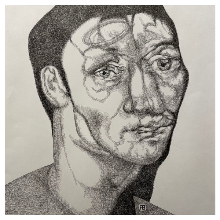 Pensif, artwork by Florent Blache. Ink &amp; acrylic on paper. 14 by 14 inches.