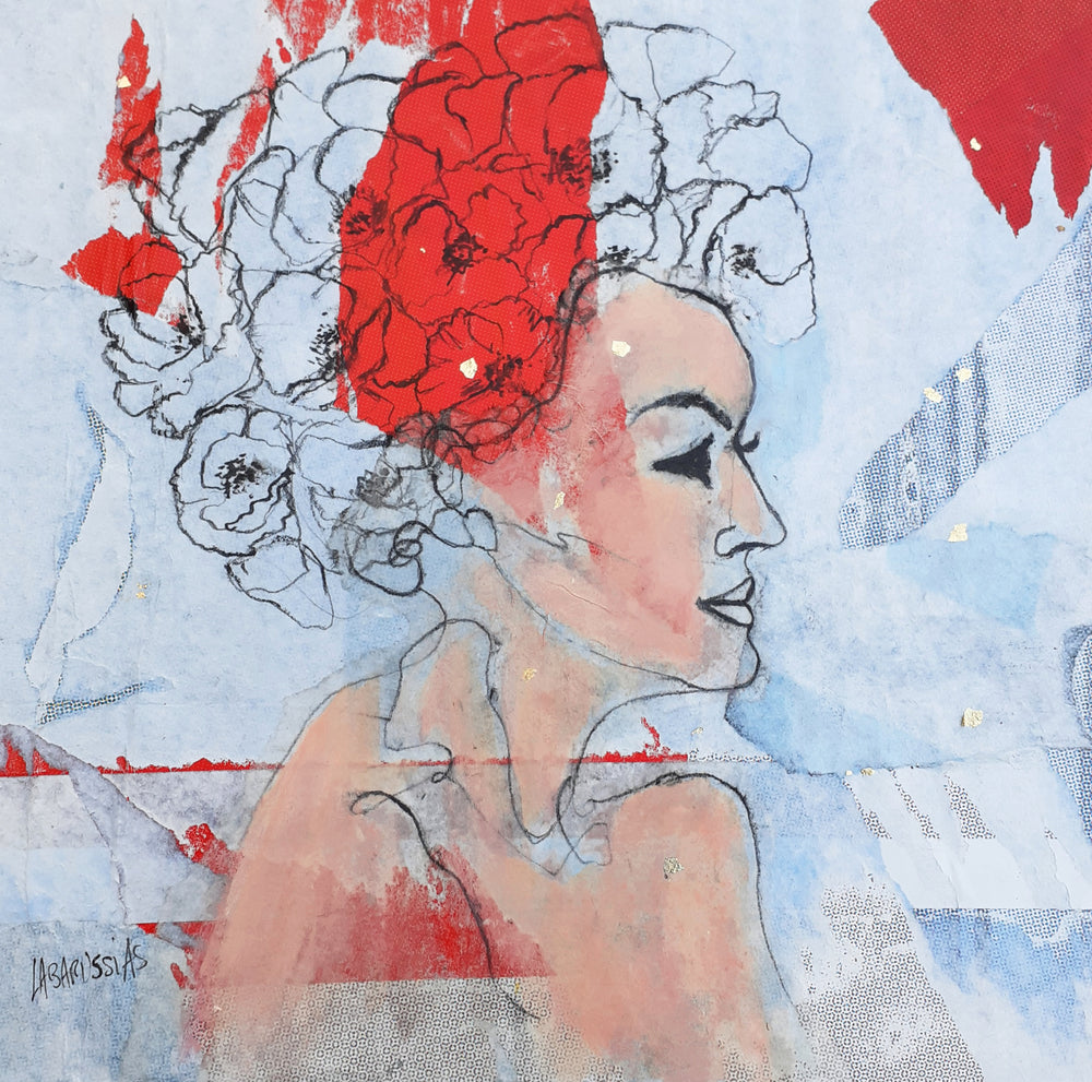 Corinne Labarussias "Portrait Poppies 59". Charcoal, pigments & gold leaf on 14x14" advertising paper. Portrait of female with flowers and blue background.