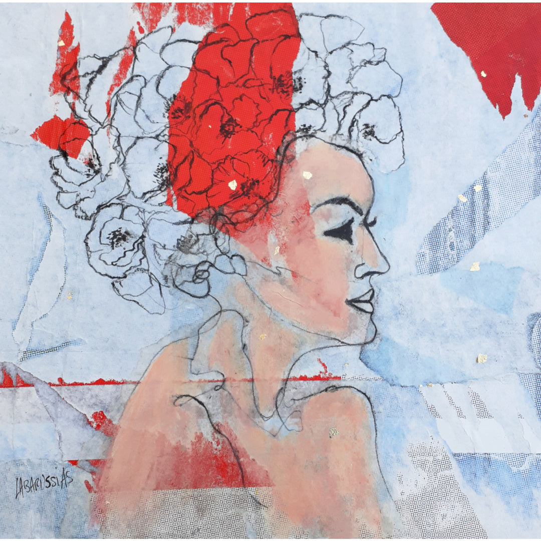 Corinne Labarussias "Portrait Poppies 59". Charcoal, pigments & gold leaf on 14x14" advertising paper. Portrait of female with flowers and blue background.