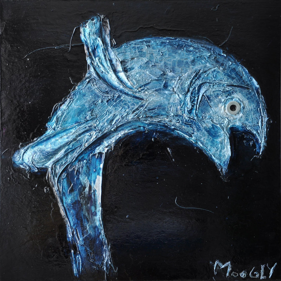 Propelled, artwork by Moogly. Acrylic paint, India ink, natural pigments, collage &amp; lacquer on cardboard. 14 by 14 inches.