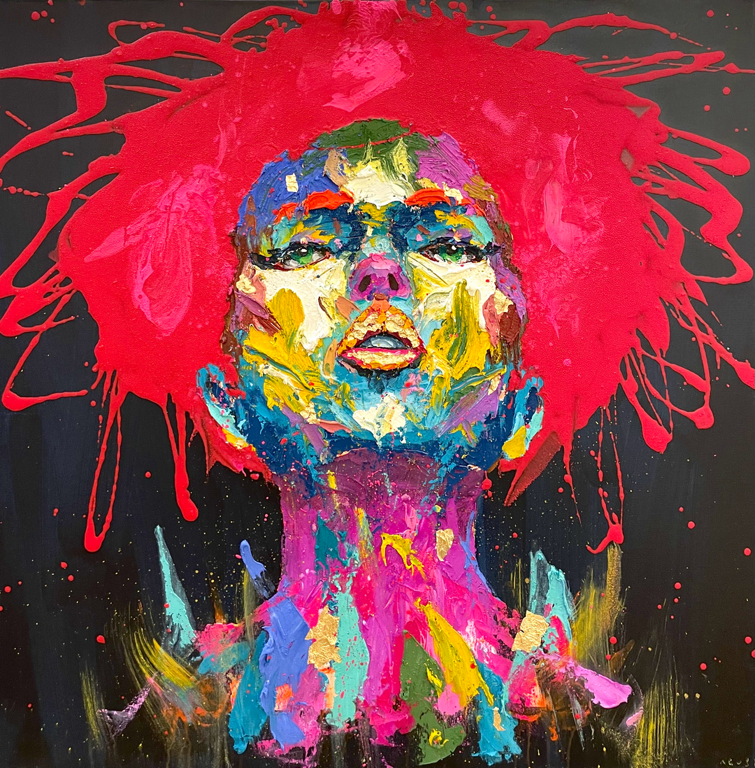 Front facing portrait of woman looking upwards slightly in thick gestural abstract brush stroked in multi color and gold foil with red splattered hair on black background